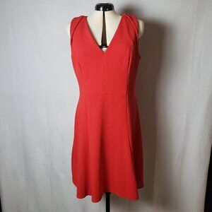 London Times Red Fit & Flare Dress Shoulder Detail Knee Length V Neck Size 14